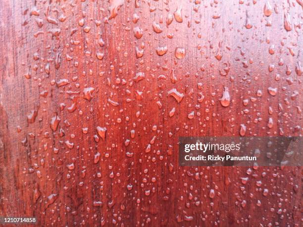 close-up of waterdrops on wooden board - résistant à l'eau photos et images de collection