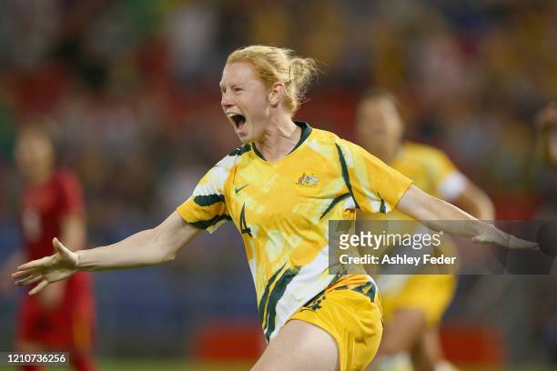 Clare Polkinghorne of the Australian Matildas celebrates her goal during the Women's Olympic Football Tournament Play-Off match between the...