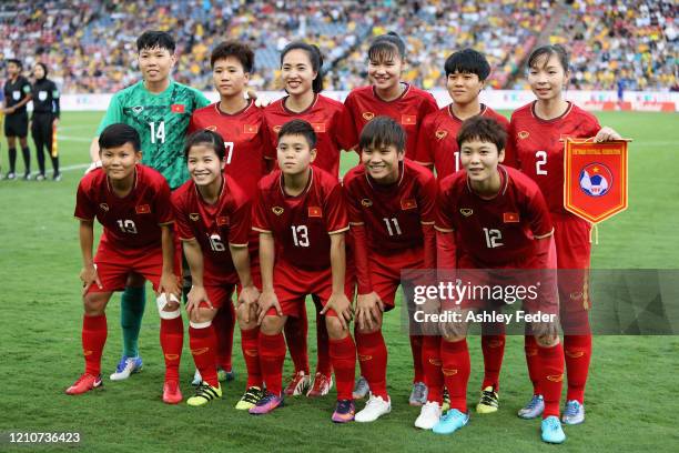 Vietnam team line up during the Women's Olympic Football Tournament Play-Off match between the Australian Matildas and Vietnam at McDonald Jones...