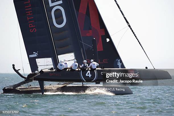 Catamaran of team Oracle competes in the Match Race Championship during the sixth day of the America's Cup World Series on August 13, 2011 in...