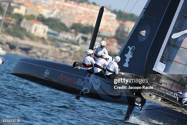 Catamaran of team Artemis Racing competes in the Match Race Championship during the sixth day of the America's Cup World Series on August 13, 2011 in...