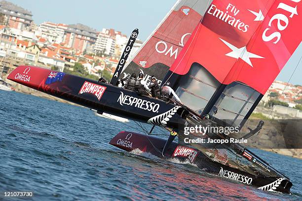 Catamaran of Emirates Team New Zealand competes in the Match Race Championship during the sixth day of the America's Cup World Series on August 13,...