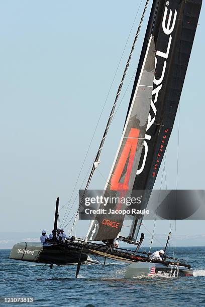 An AC45 catamarans of team Oracle Spithill competes in the Match Race Championship during the sixth day of the America's Cup World Series on August...