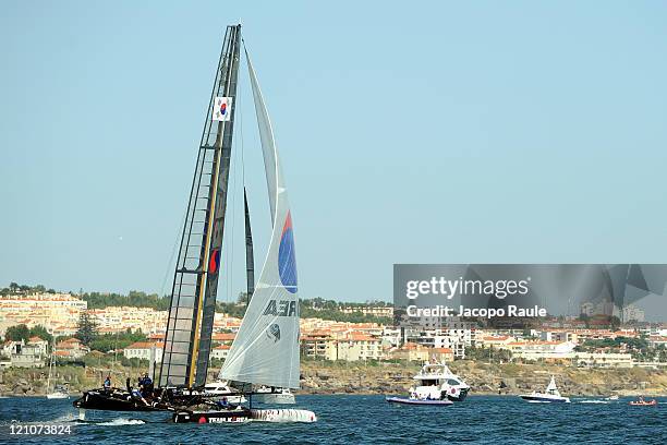 An AC45 catamaran of Team Korea competes in the Match Race Championship during the sixth day of the America's Cup World Series on August 13, 2011 in...