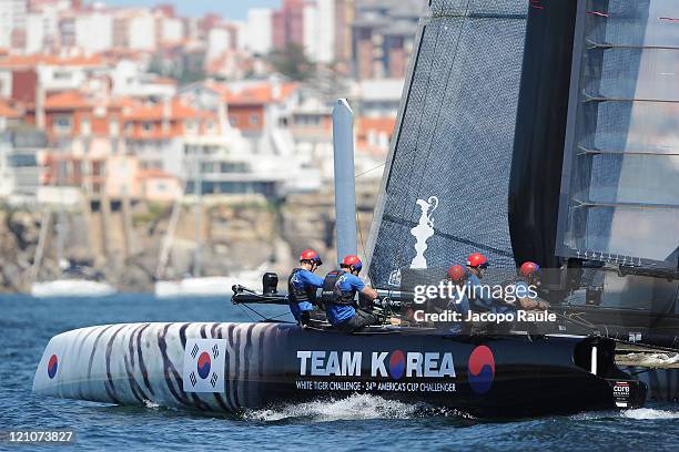 An AC45 catamaran of Team Korea competes in the Match Race Championship during the sixth day of the America's Cup World Series on August 13, 2011 in...