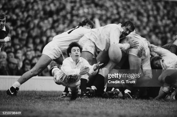 British rugby union Scrum-half Richard Harding of England clears the ball as England play France in their opening match of the 1985 Five Nations...