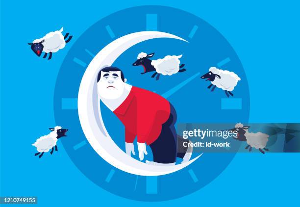 ilustrações de stock, clip art, desenhos animados e ícones de sleepless man leaning on crescent moon with screaming sheep - insónia