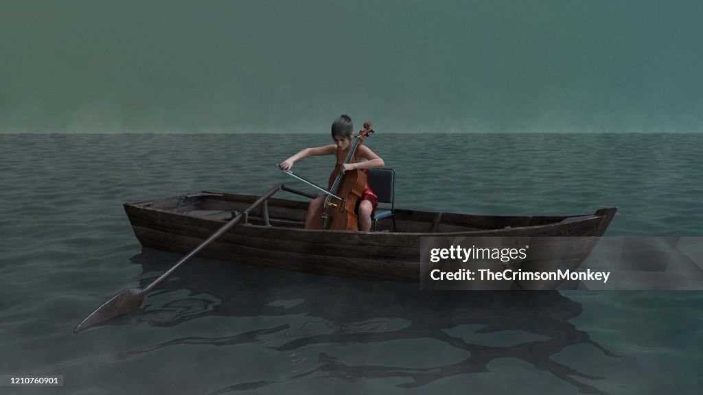Frau in Ruderboot spielen Cello
