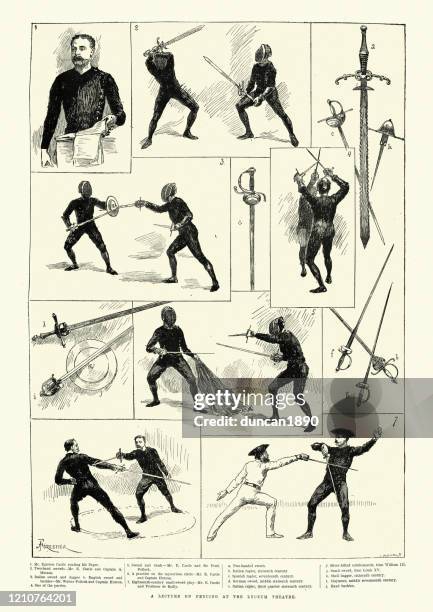 sketches from a lecture on fencing, lyceum theatre, 19th century - sword fight stock illustrations