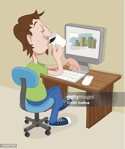 man at computer - guy drinking coffee stock illustrations