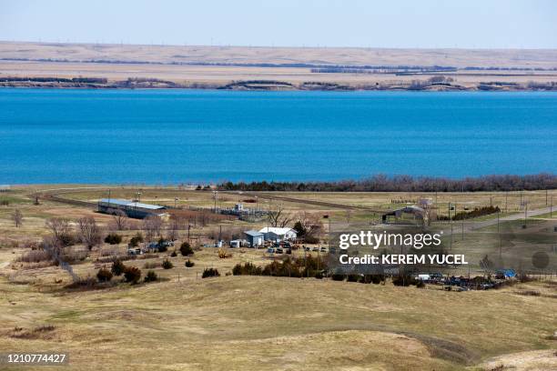 This photo shows a general view of the Lower Brule Indian Reservation, with the Missouri River in the background, on April 22, 2020 in Lower Brule,...