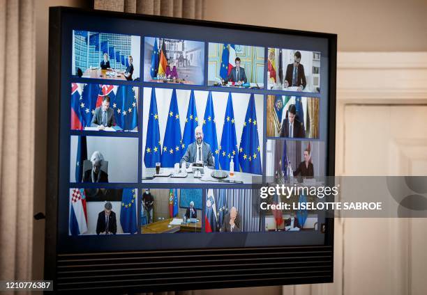 Picture taken at Denmark's Prime Minister Mette Frederiksen's domicil Marienborg in Kongens Lyngby, North of Copenhagen, Denmark shows the screen...