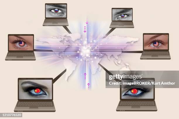 photomontage, surveillance, data protection, humanity, secret services, usa, china, russia, computer, internet, online, human rights, symbol image, germany - secret service stock illustrations