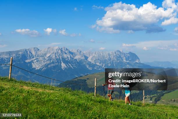 hikers on the summit panorama trail of the hohe salve, hopfgarten, brixental, kitzbuehel alps, tyrol, austria - hopfgarten stock pictures, royalty-free photos & images