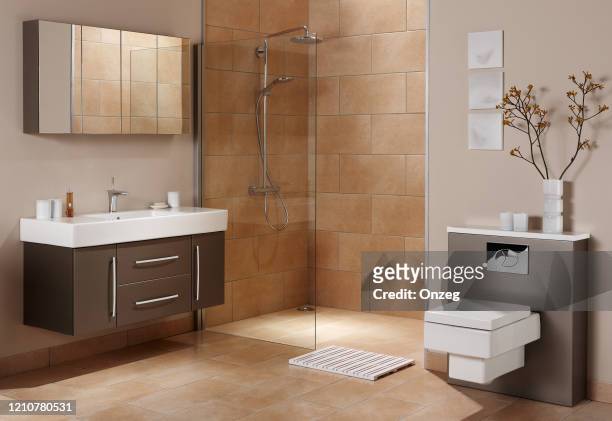 interior of a large bathroom - domestic bathroom stock pictures, royalty-free photos & images