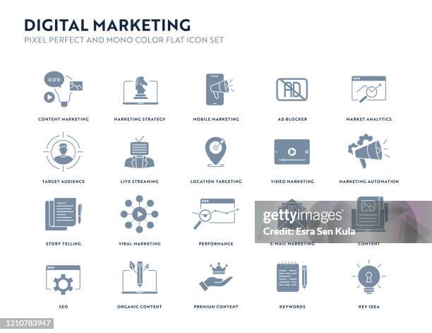 數位行銷單聲道彩色平面圖標集與圖元完美。 - aufführung 幅插畫檔、美工圖案、卡通及圖標