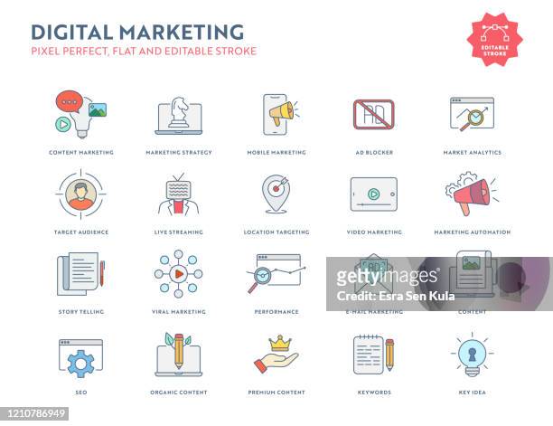 digital marketing flat icon set mit editierbarem strich und pixel perfekt. - content stock-grafiken, -clipart, -cartoons und -symbole