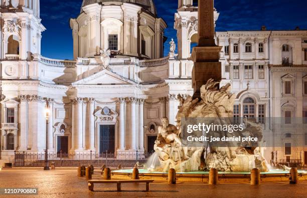 night, piazza navona, sant'agnese in agone, rome, lazio, italy - fountain of the four rivers stock pictures, royalty-free photos & images