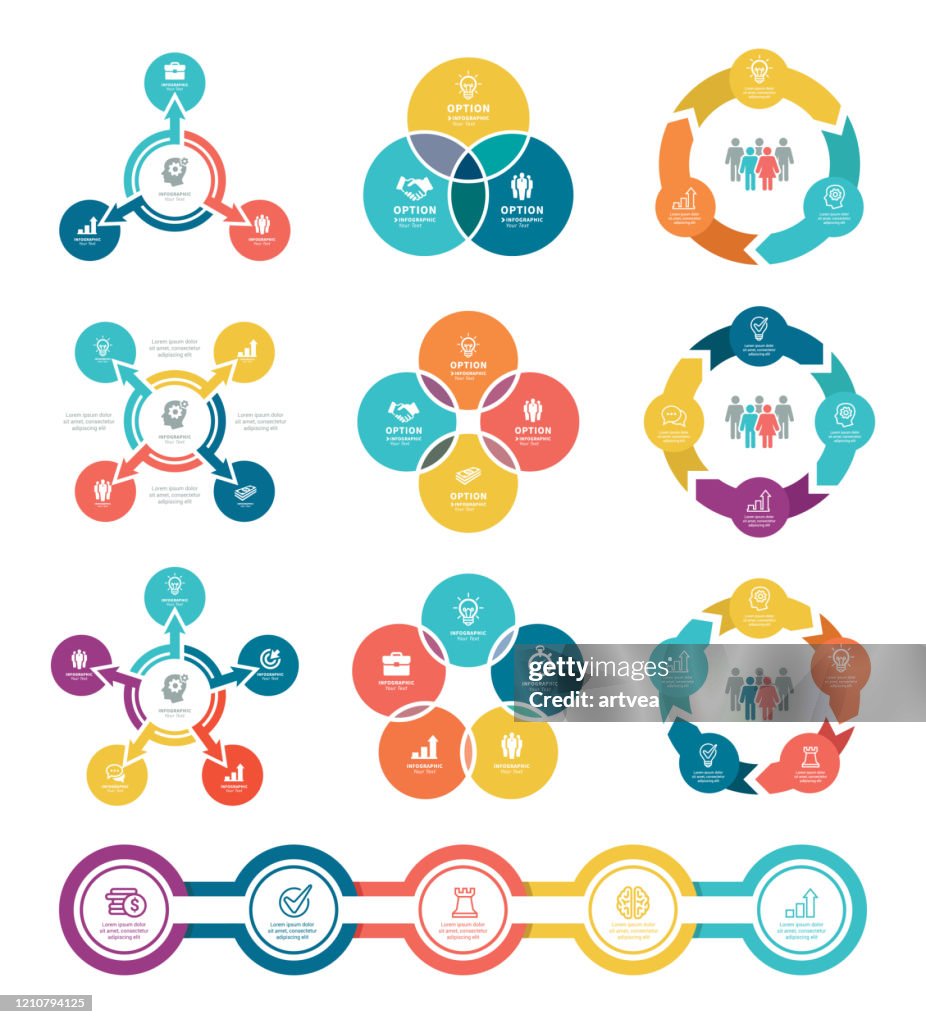 Diagramas de negócios com 3, 4, 5 passos