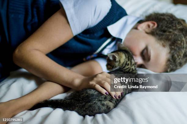 teenager girl and her kitten - cats on the bed stock pictures, royalty-free photos & images