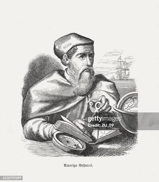 bildbanksillustrationer, clip art samt tecknat material och ikoner med amerigo vespucci (1451/54-1512), italiensk upptäcktsresande, trägravyr, publicerad 1888 - kartograf