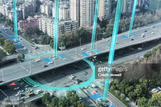 smart transportation with highway - smart communicate elevation view stock-fotos und bilder