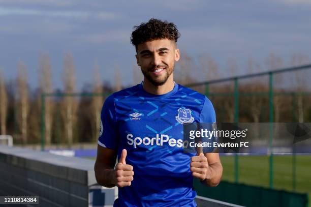 Dominic Calvert-Lewin poses for a photo after signing a new contract with Everton at USM Finch Farm on March 6 2020 in Halewood, England.