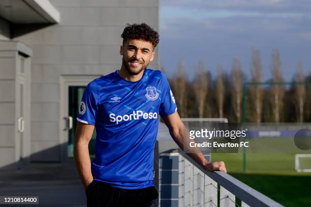 Dominic Calvert-Lewin poses for a photo after signing a new contract with Everton at USM Finch Farm on March 6 2020 in Halewood, England.