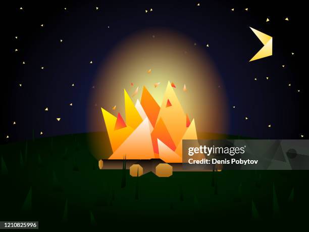 abstract geometric landscape - burning bonfire in the night. - fireplace background stock illustrations