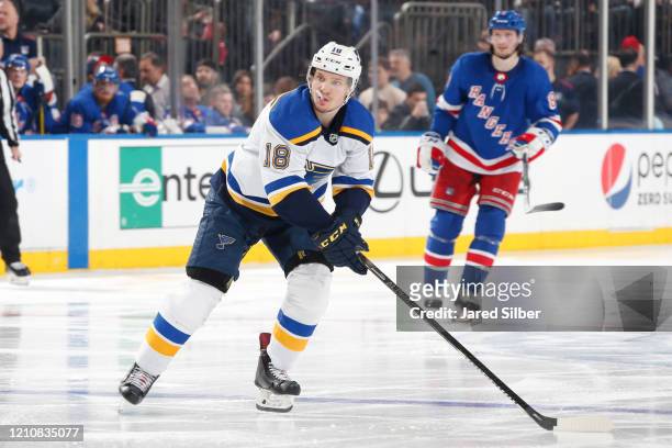 Robert Thomas of the St Louis Blues skates against the New York Rangers at Madison Square Garden on March 3, 2020 in New York City.