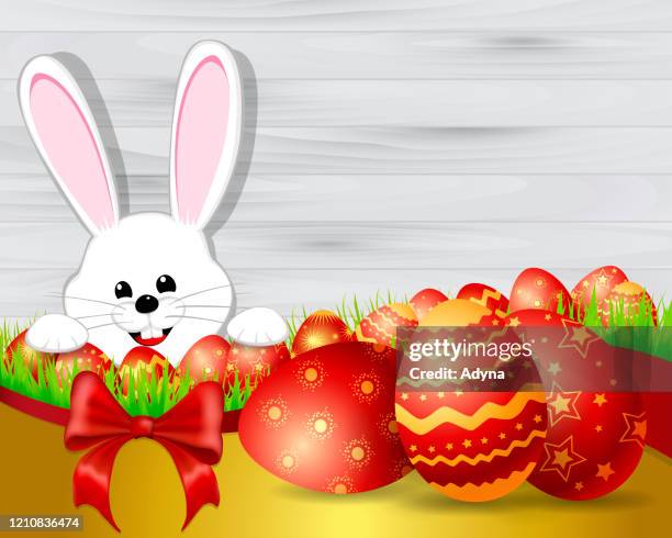 stockillustraties, clipart, cartoons en iconen met leuk konijntje met paaseieren - easter table