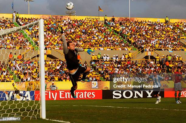 Mika, goalkeeper from Portugal, blocks a shot during the match between Argentina and Portugal as part of the U20 World Cup Colombia 2011 at Jaime...