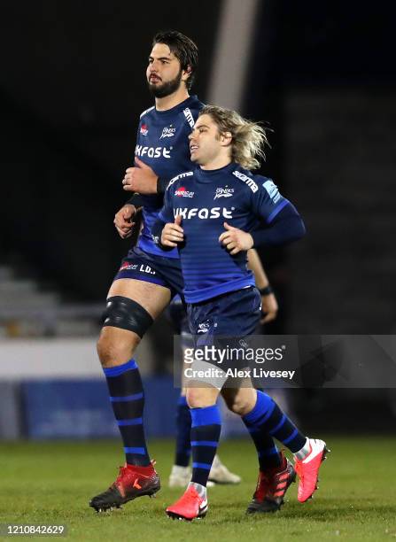 Lood de Jager and Faf de Klerk of Sale Sharks come on as subs during the Gallagher Premiership Rugby match between Sale Sharks and London Irish at on...