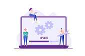 People updating operation system with progress bar. Software upgrade and installation program. Concept of system update, integration, software installation. Vector illustration for UI, mobile app