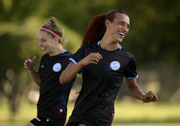 Argentine football player Mara Gomez trains with her first division women's football team, Villa San Carlos, in La Plata, Argentina, on February 14,...