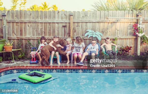 子供の大きなグループ異なる年齢は、愚かな行動プールのそばに座っています - いとこ ストックフォトと画像