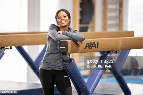 Olympic gymnast Gabby Douglas teaches Jay Pharoah gymnastics on the IMDb Series “Special Skills” in Los Angeles, California. This episode of “Special...