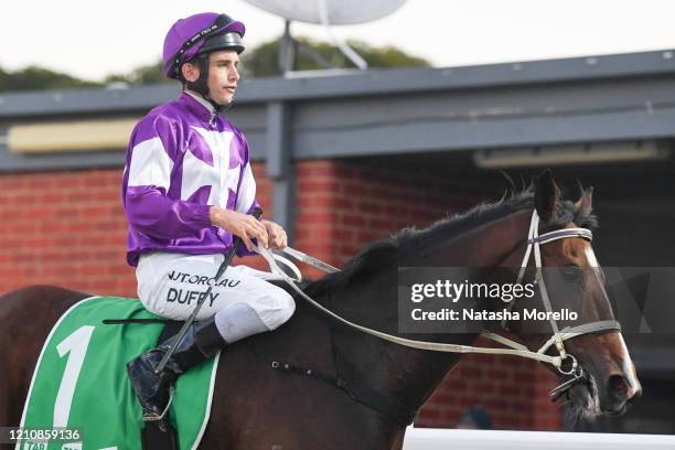 Jake Duffy returns to the mounting yard aboard Rewarding Ruby after winning the OBrien Real Estate F&M Maiden Plate at Cranbourne Racecourse on April...