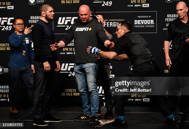 Opponents Khabib Nurmagomedov and Tony Ferguson face off during the UFC 249 press conference at T-Mobile Arena on March 06, 2020 in Las Vegas, Nevada.