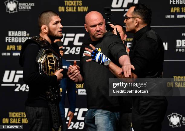 Opponents Khabib Nurmagomedov and Tony Ferguson face off during the UFC 249 press conference at T-Mobile Arena on March 06, 2020 in Las Vegas, Nevada.