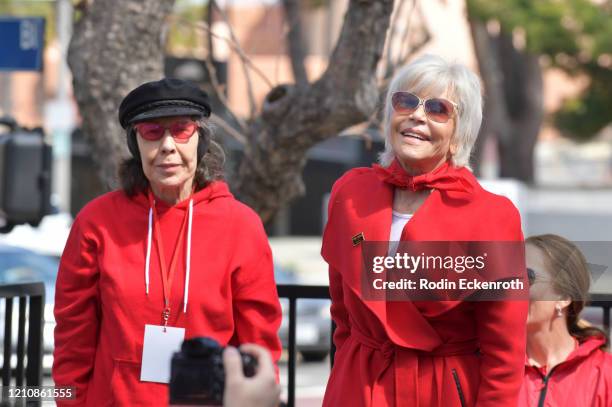 Lily Tomlin and Jane Fonda onstage at Greenpeace USA Brings Fire Drill Fridays To California at San Pedro City Hall on March 06, 2020 in Wilmington,...