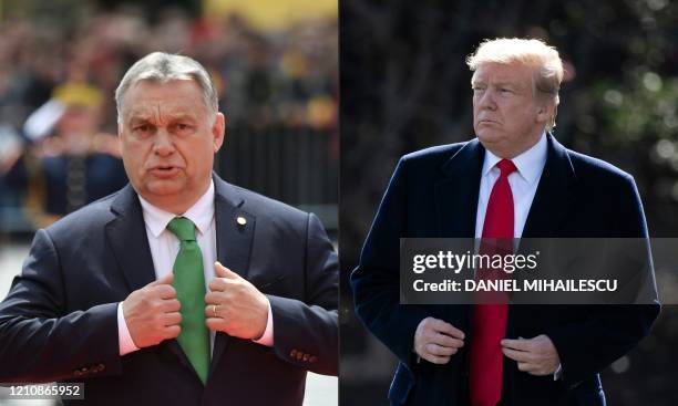 This combination of pictures created on May 12, 2019 shows a photo taken on May 9, 2019 Hungary's Prime Minister Viktor Orban reacting as he arrives...