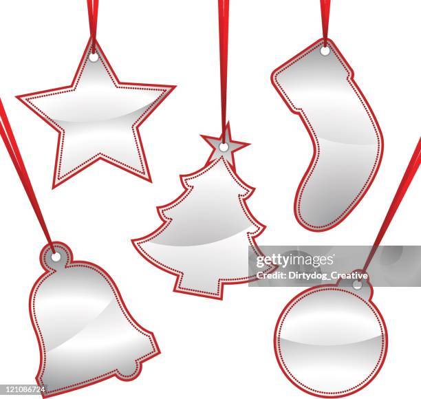 set of 5 festive shaped gift tags - christmas stocking hanging stock illustrations