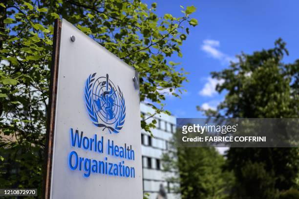 This picture taken on April 24, 2020 shows a sign of the World Health Organization in Geneva next to their headquarters, amid the COVID-19 outbreak,...