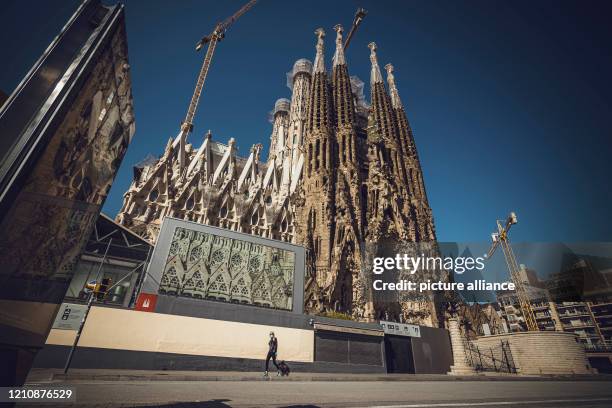 April 2020, Spain, Barcelona: A woman with a face mask against the corona virus passes the "Sagrada Familia" of Gaudi, which has been abandoned by...