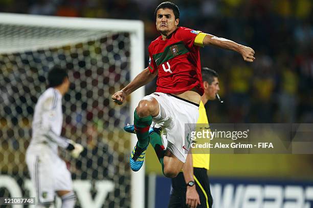Nuno Reis of Portugal celebrates during the penalty shoot-out at the FIFA U-20 World Cup 2011 quarter final match between Portugal and Argentina at...