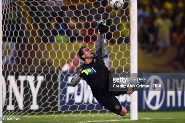 Goalkeeper Mika of Portugal kills the deciding penalty during the penalty shoot-out at the FIFA U-20 World Cup 2011 quarter final match between...