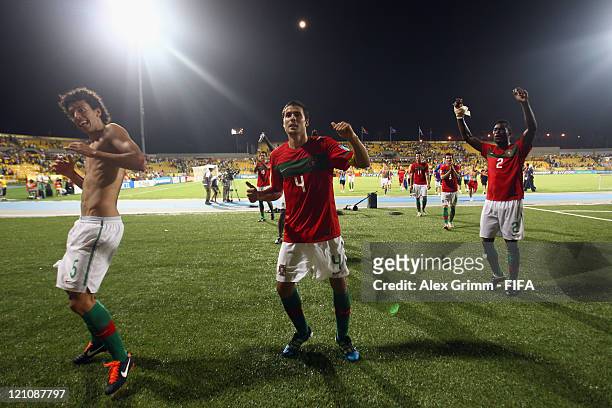 Roderick, Nuno Reis and Pele of Portugal celebrate after the FIFA U-20 World Cup 2011 quarter final match between Portugal and Argentina at Estadia...