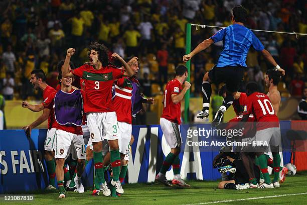 Players of Portugal celebrate after the FIFA U-20 World Cup 2011 quarter final match between Portugal and Argentina at Estadia Jaime Moron Leon on...