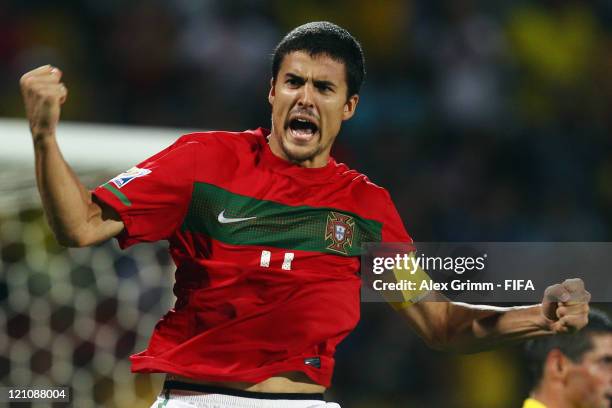 Nuno Reis of Portugal celebrates during the penalty shoot-out at the FIFA U-20 World Cup 2011 quarter final match between Portugal and Argentina at...